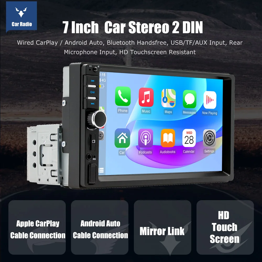 ESSGOO 7 Zoll 1 DIN Universelles Autoradio Stereo Kabelgebundenes Carplay Android Auto Bluetooth TF USB AUX HD Touchscreen Haupteinheit – Detail 2