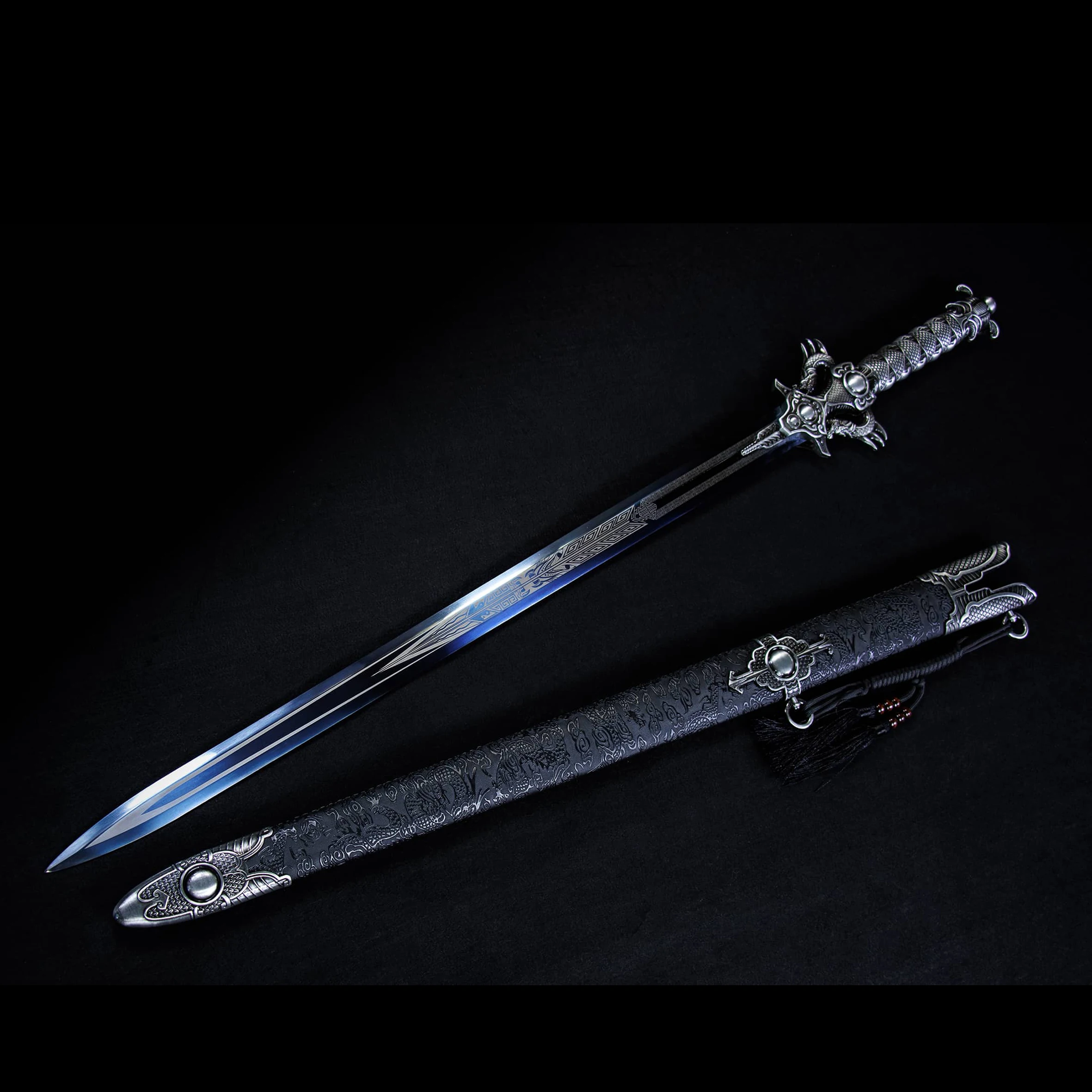 Katana Medieval Cosplay Double-headed Dragon Handle Samurai Sword Blue Blade Sharp  Martial Arts Training for Fighting Knights