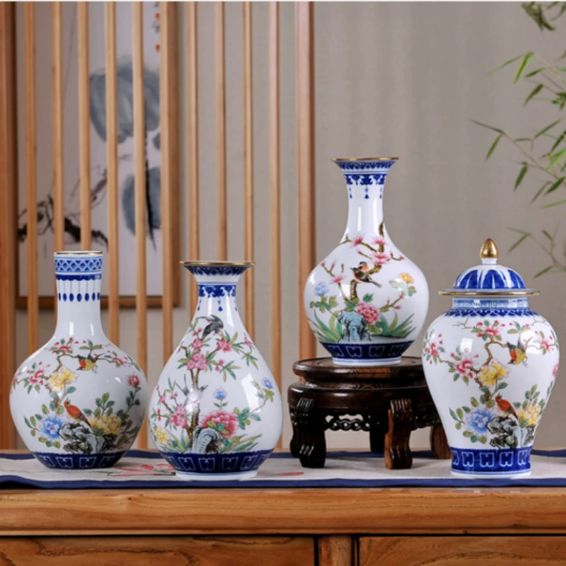 Jingdezhen Porcelain Blue White Vase Flower Arrangement Device Flower Birds Pattern New Chinese Style Home Living