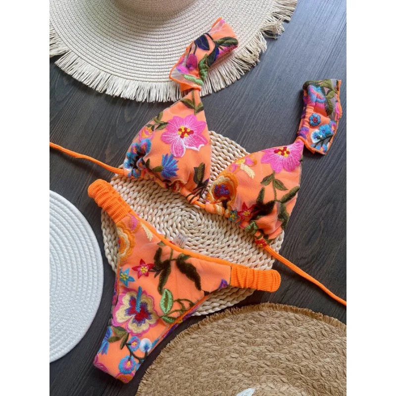2026 Hot Style Mesh Multicolor Embroidered Fabric Flash Bikini Suit Lace Up European and American Fashion