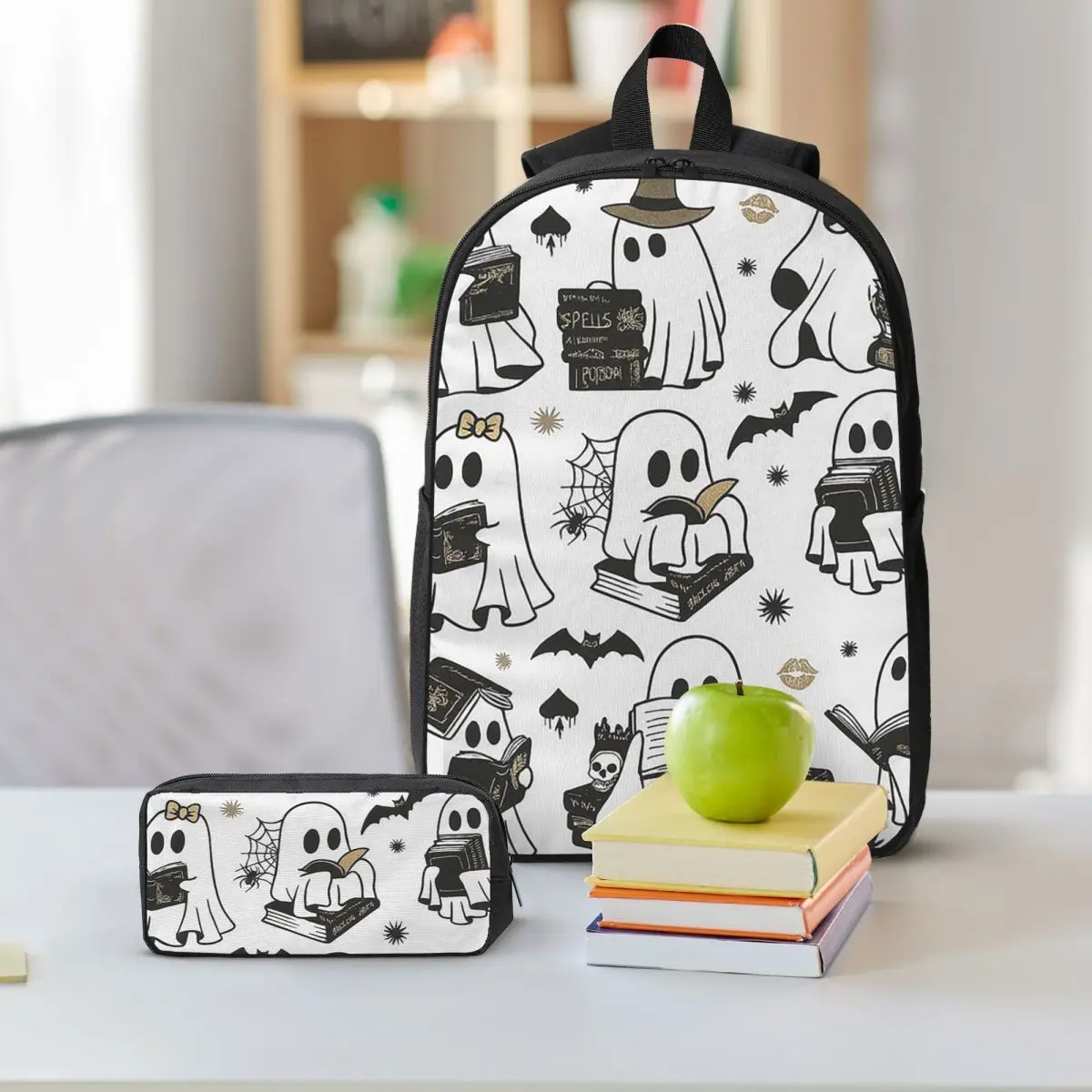 Cute Ghost Reading Books Design Backpack Student BookBag School Bag Shoulder Bags 3ps Insulated Lunch Bag Pencil Case