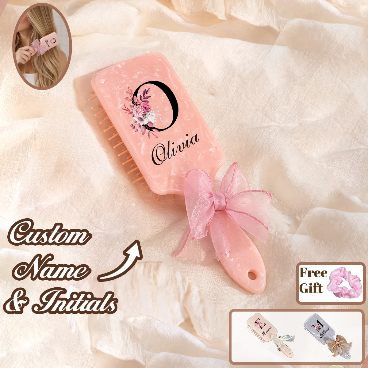 Custom Name Marble Pattern Cushion Hair Brush & Claw Clip Set, Elegant Floral Initial Hair Accessory For Vanity, Cushion Comb