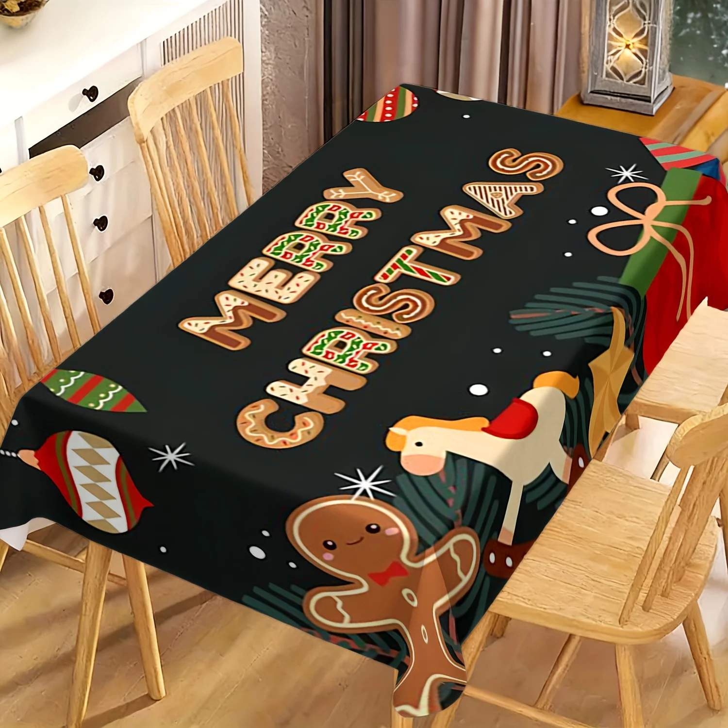 1pc 2D Flat Tablecloth, Gingerbread Man, Rocking Horse & Gift Box Printed Rectangle Tablecloth, Decor for Dining Table, Party