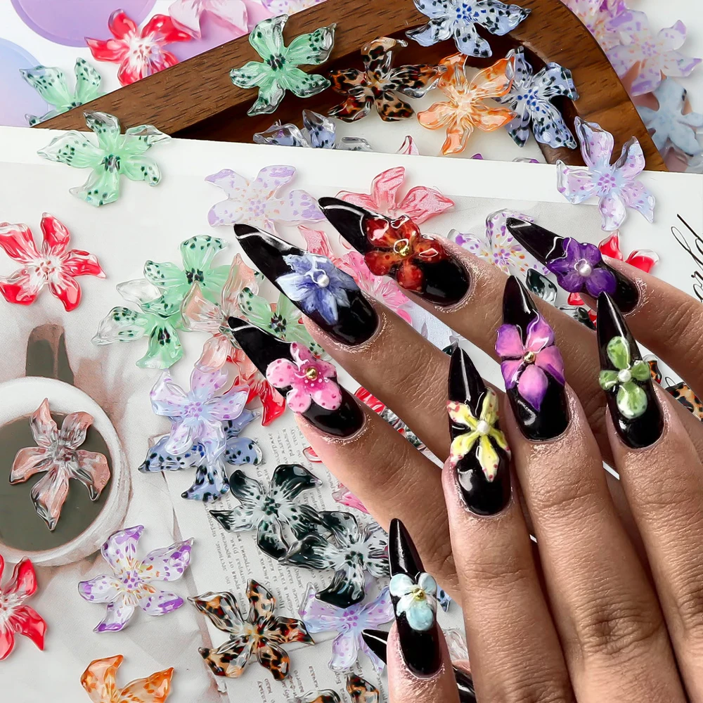 1bag Random 3D Relief Floral Lily Nail Charms Spring Summer Leopard Embossed Flower For Nail Decor Colorful Petal Manicure Parts