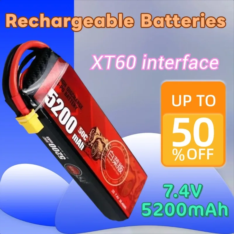 

7.4V 5200mAh 2S 50C Lipo Battery XT60 for RC Model Vehicle Car Truck Tank Buggy Racing