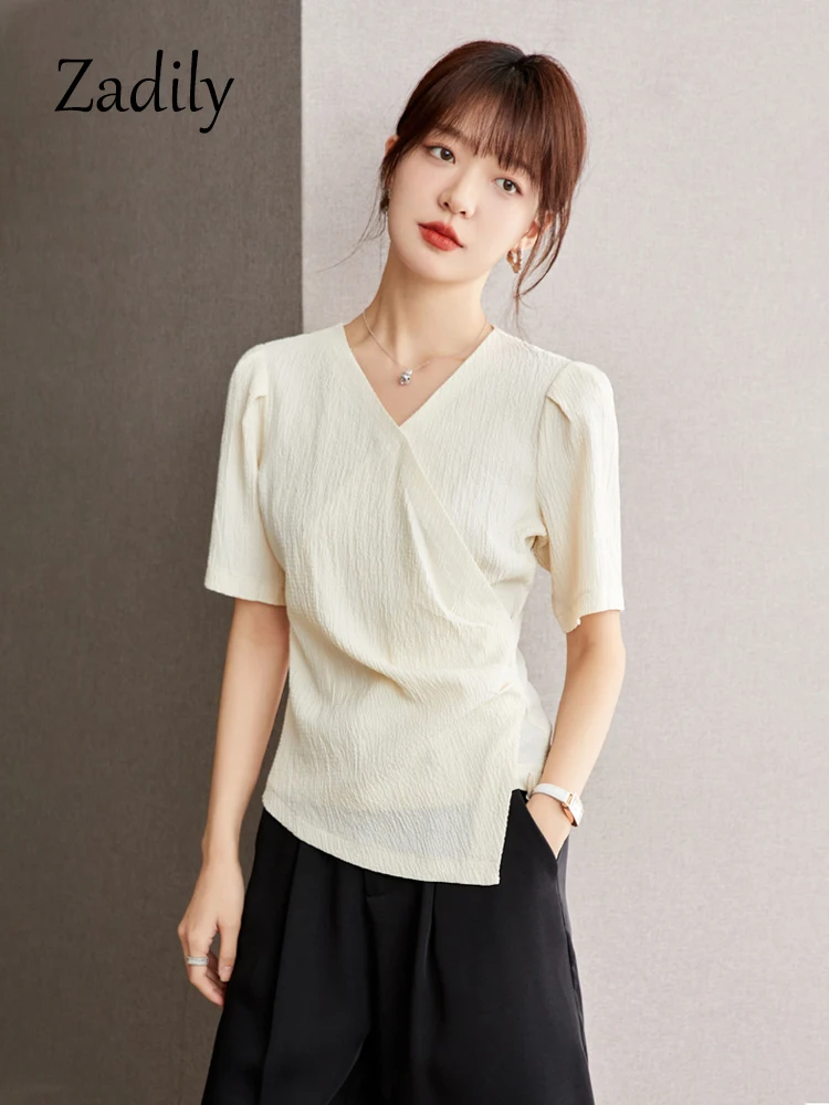 Zadily 2024 Summer Korea Style Short Sleeve Women Chic T Shirt Office Lady V Neck Asymmetrical Folds Zipper Work Top Tee Clothes