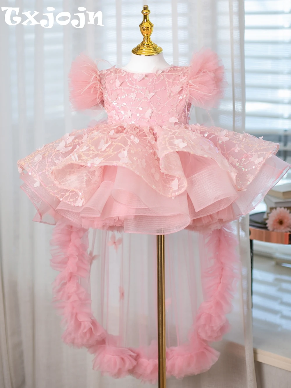 

Charming Sparkly Beaded 3D Butterfly Mini Dresses For Girls Dancing Performance Pink Puffy Kids Princess Gown 80-160cm For Party