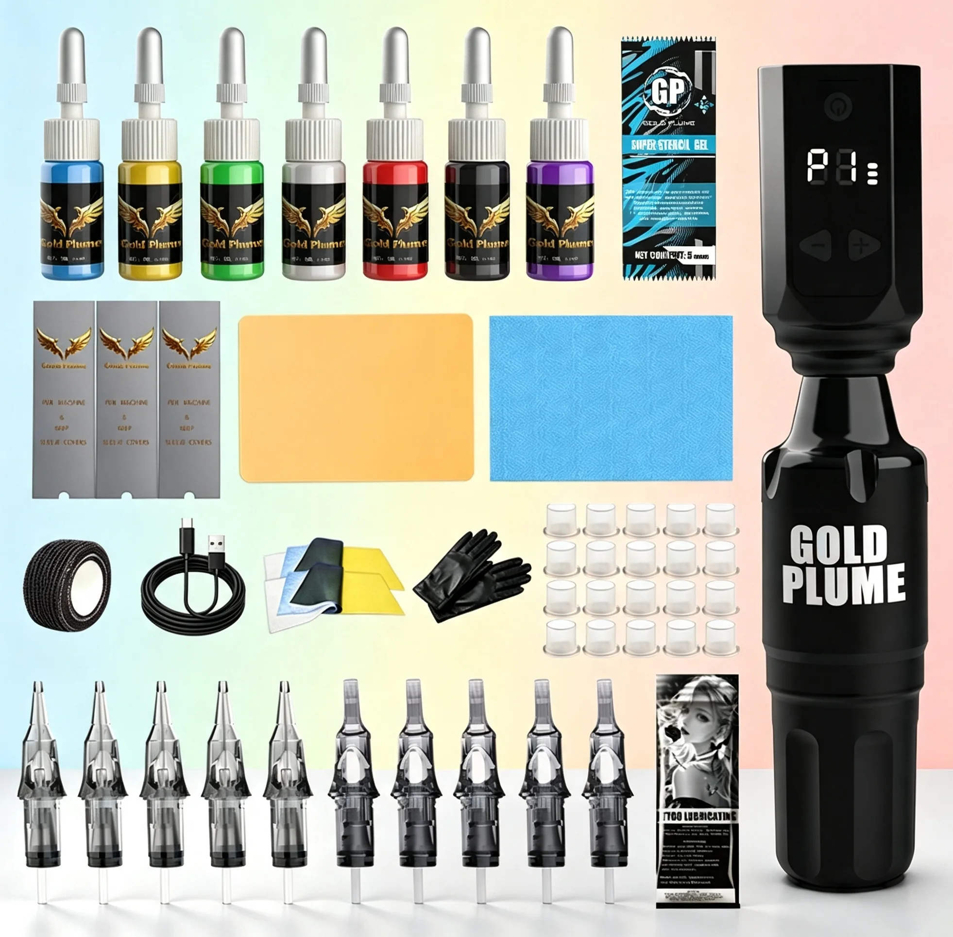 Tattoo Pen Machine Kit, Cordless Portable Tattoo Gun Set with 1100Mah Rechargeable Battery, 10Pcs Gray Cartridge Needles & 7 Colors Tattoo Inks, Complete Tattoo Supplies for Beginners & Professional Artists, Body Art Gift
