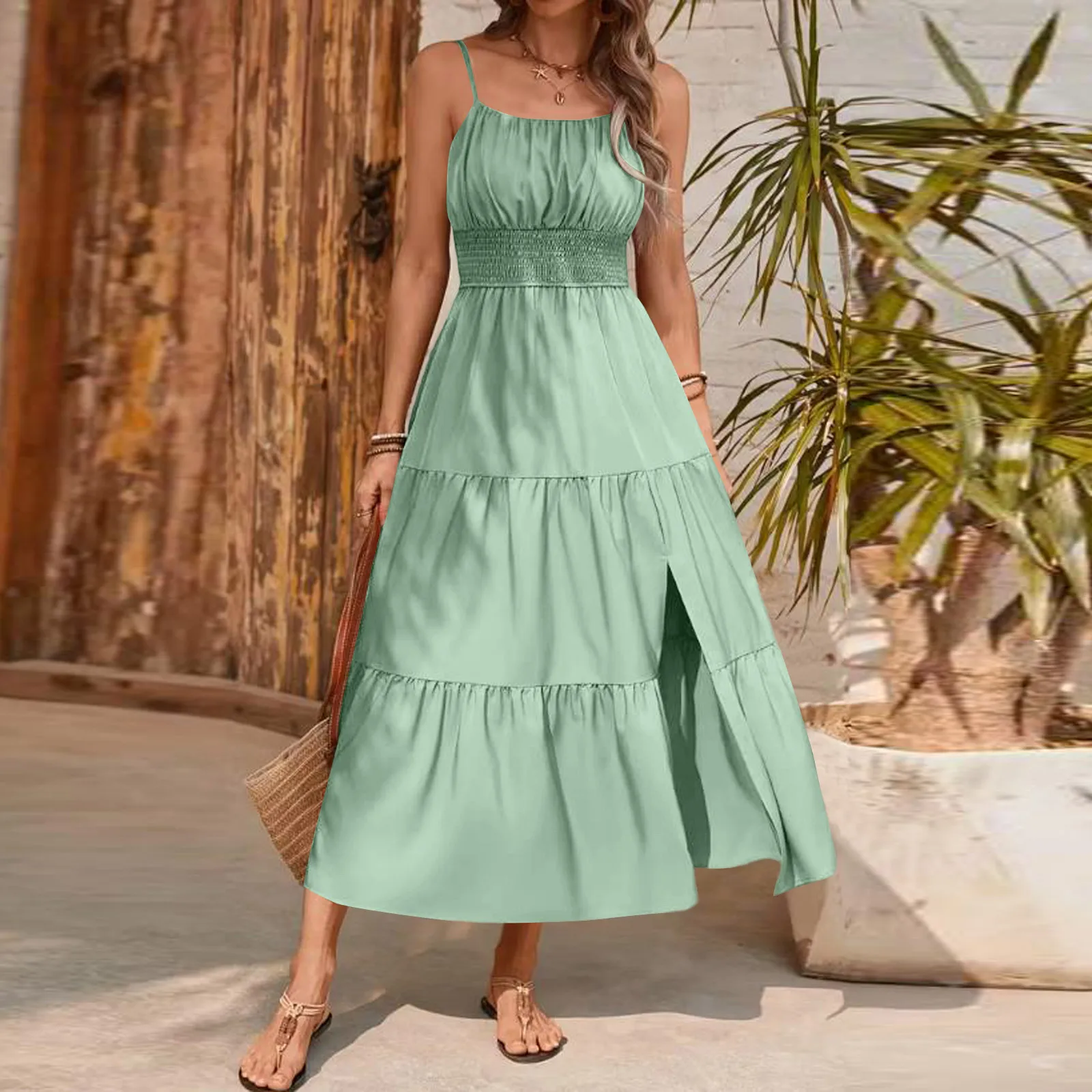 Vestido feminino em camadas com babados e alça espaguete, slim fit, cintura definida, vestidos longos, casual, sem mangas, cor sólida