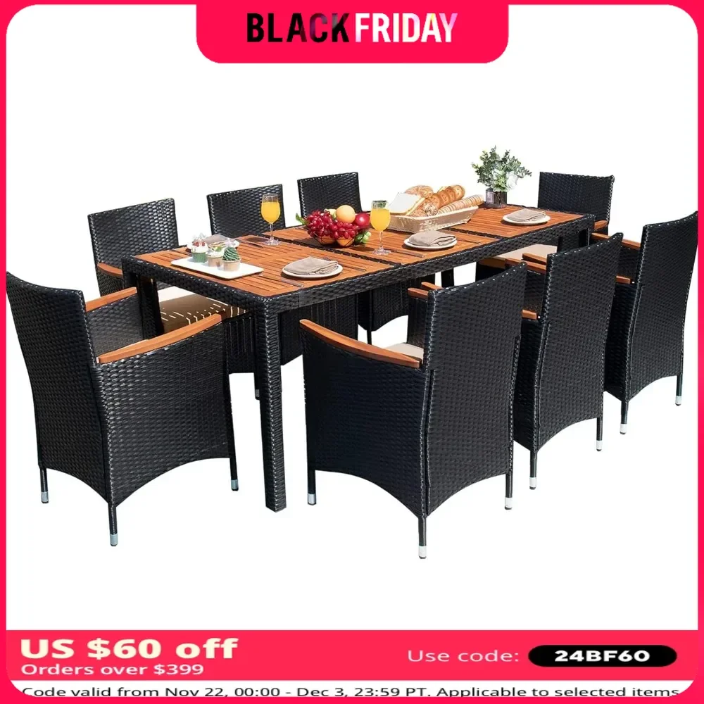 Patio Furniture Set for 9 Piece, Table and Chairs Set with Acacia Wood Table Top and Widened Armrests, Outside Furniture Set