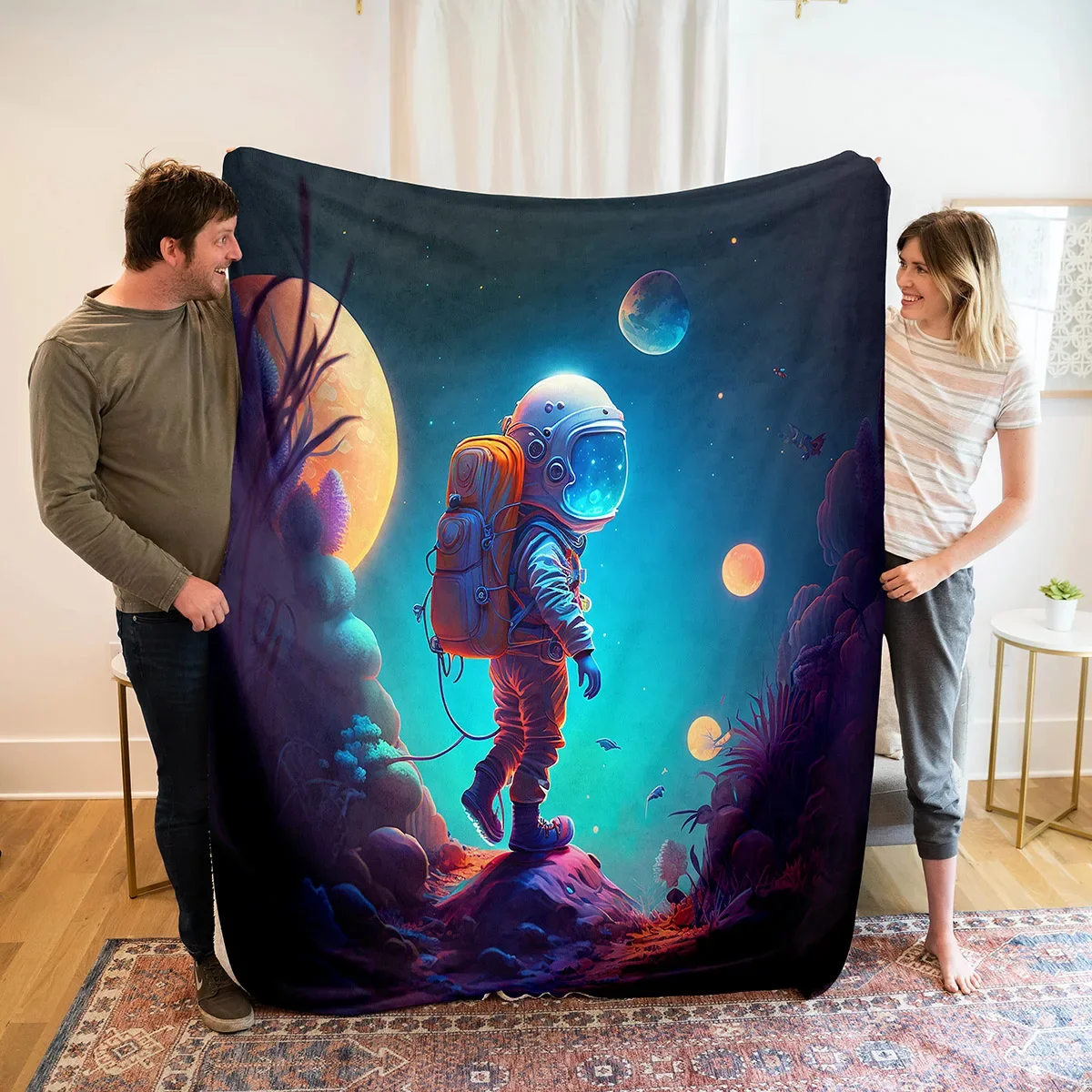 Astronaut Flannel Throw Blanket Galaxy Space Planet Pattern Blanket Lightweight Warm Super Soft for Bed Sofa Couch Travel Decor