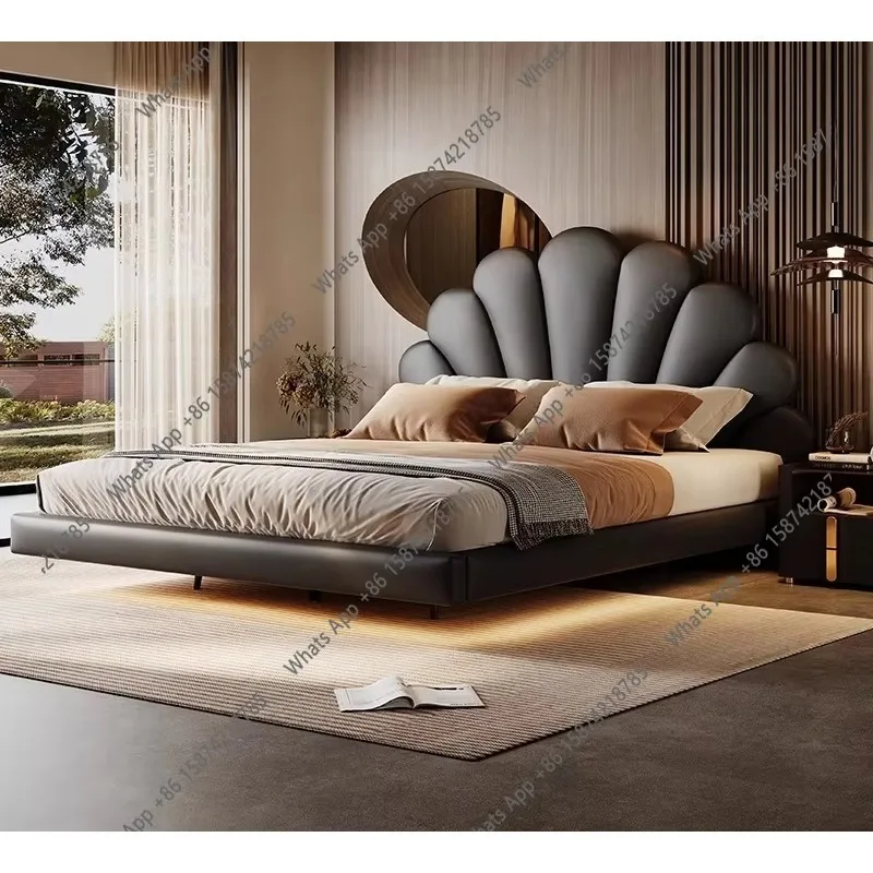 X5 New Floating Bed Italian Minimalist Leather Bed Master Bedroom First Layer Cowhide Petal Suspended Double Bed 2*2 Meters