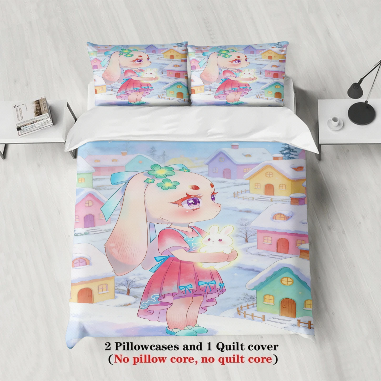 Softville Cozy Town 3PCS Bedding Sets Lop Rab Holding a Bunny Winter Pinted Duvet Cover No filling Cartoon Style Queen King Size