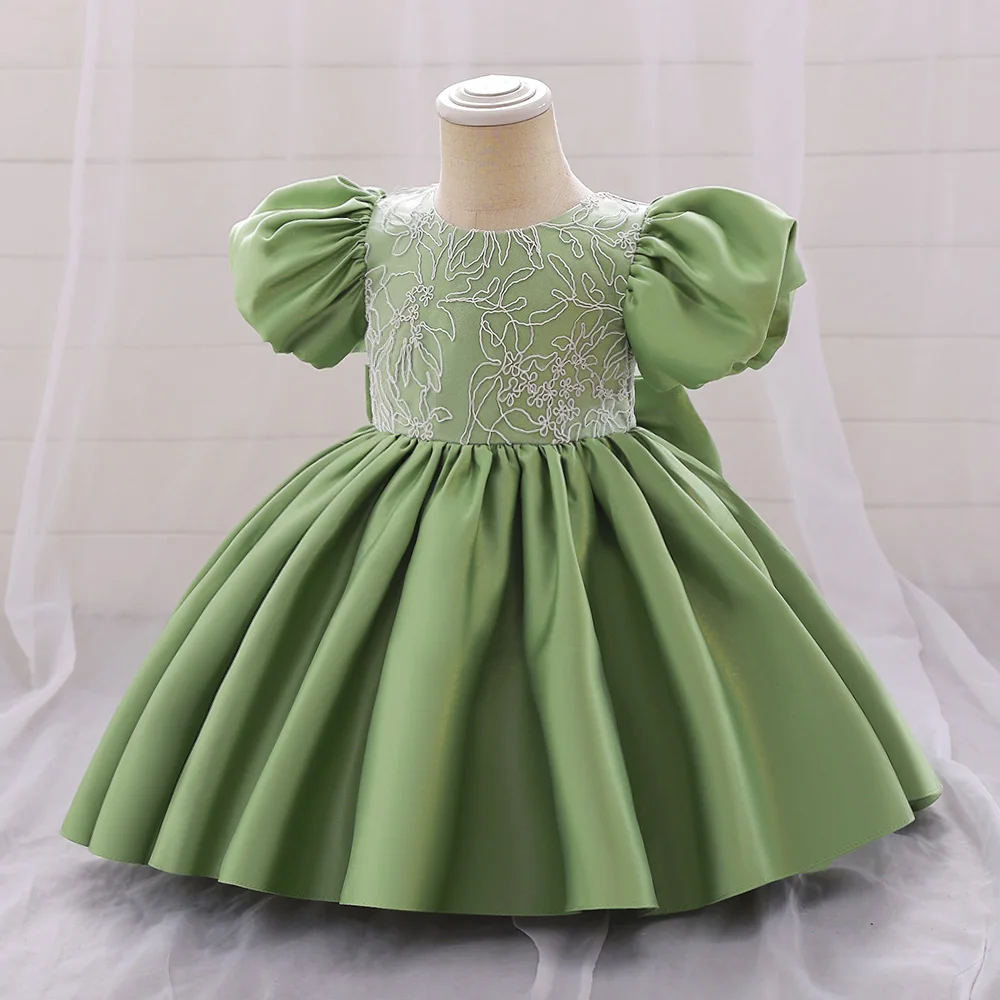 Big Bow Baby Girls Dress Solid Elegant Toddler Kids Christening Birthday Vestidos Weddings Party Kids Girls Princess Puff Sleev