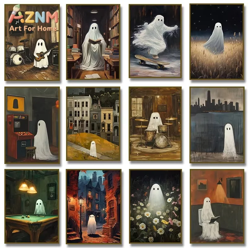 1PC Halloween Ghost on Skateboard Guitar Music Poster Canvas Painting Print Dark Academia Vintage for Living Room Decor