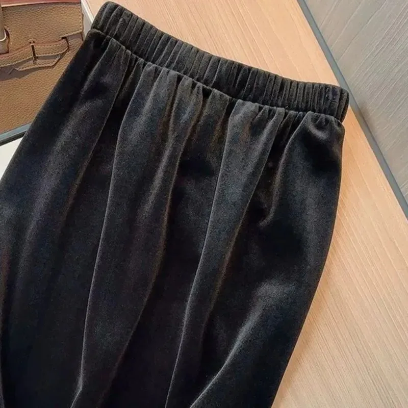 Faldas de terciopelo negro para Mujer, Falda larga lisa de cintura elástica para Otoño e Invierno, Faldas elegantes Retro de moda coreana para Mujer