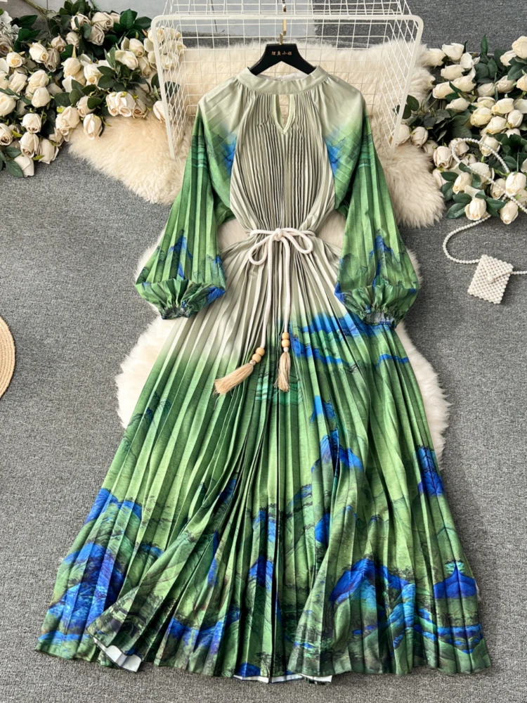 Korean Party Maxi Dresses for Women Temperament Printing Robe Femme 2024 Vestidos De Mujer Pleated Chic Bandage Vintage Dress Wj