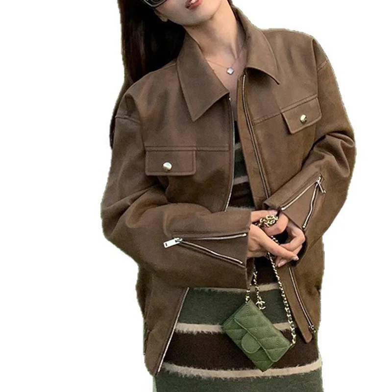 Otoño Invierno mujer cremallera chaqueta de cuero marrón estilo americano ropa de calle Retro Moto Biker abrigo prendas de vestir