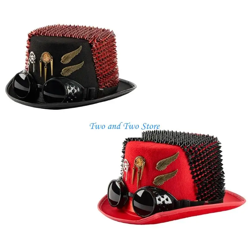 

HX6F Rivets Gothic Top Hat for Coser Steampunk Gear Goggles for Party Themed Event Halloween Accessory