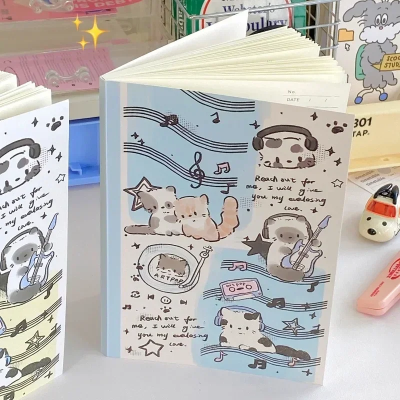 A5 Korean Ins Cute Cartoon Music Cat Notebook Kawaii Girl Journal Planner Book Travel Sketchbook 50sheets Horizontal  Inner Page