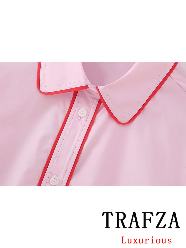 TRAFZA Vintage Chic Pink Women Suit Single Breasted Long Sleeve Shirt Loose Long Pants Chic Fashion 2024 Spring Basics Sets