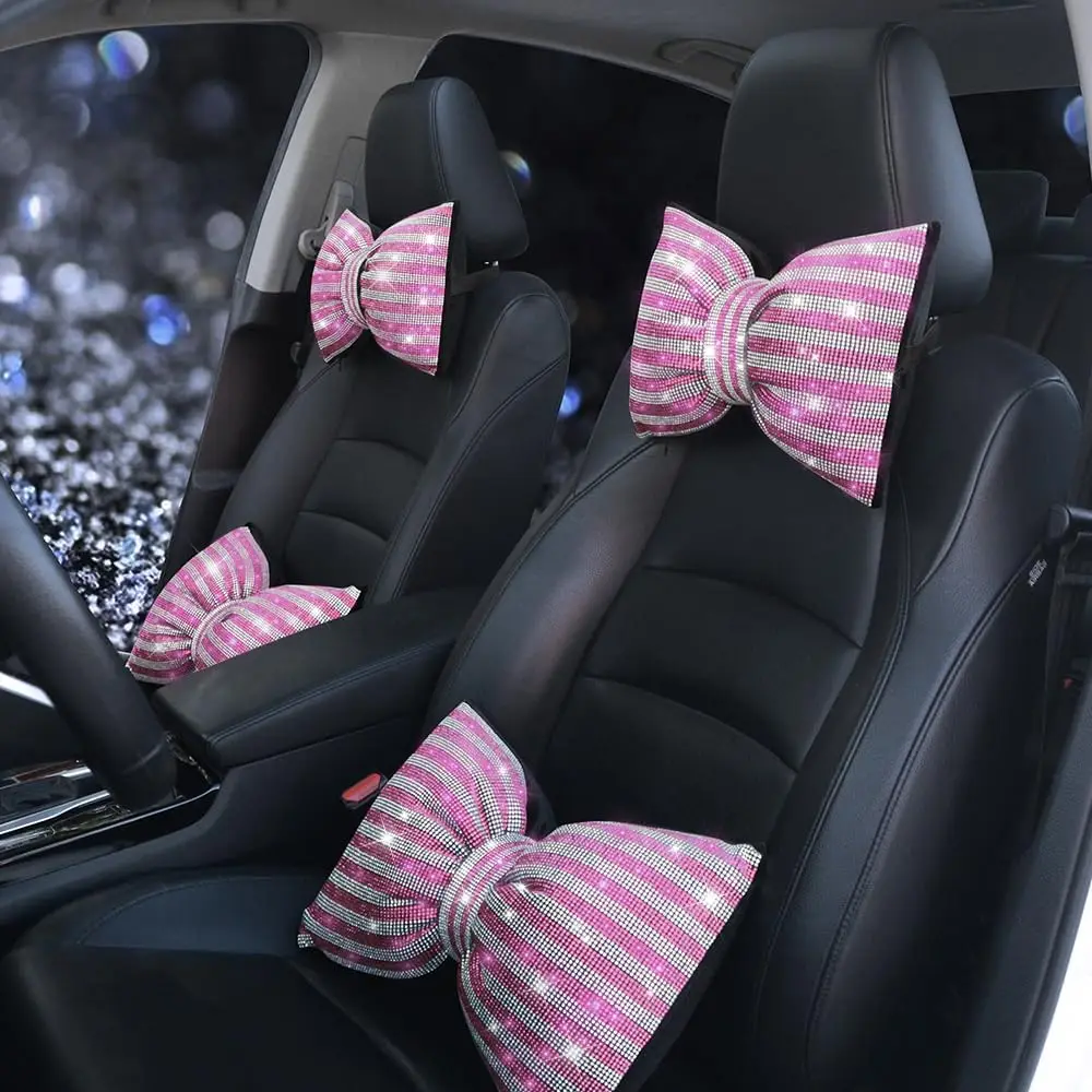 

Bling Rhinestone Car Pillow Headrest Cushion for Women, White-Pink 2Pcs