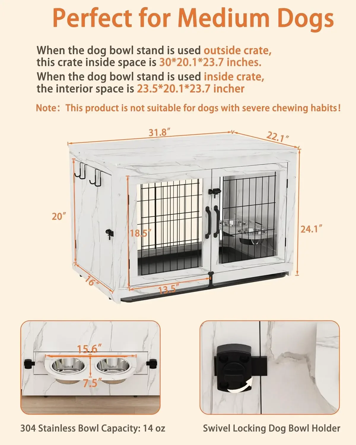 Piskyet Wooden Dog Crate Furniture with 360°Rotatable Removable Dog Bowls, Dog Crate End Table with Tray, Double Doors Kennels