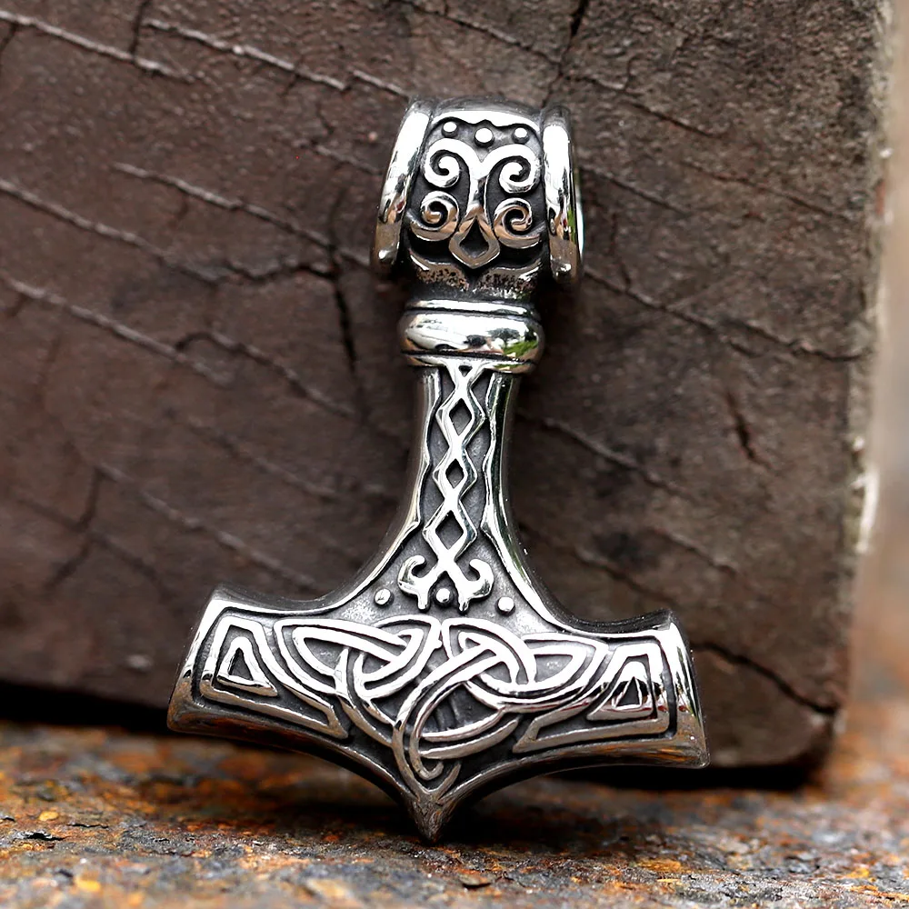 Norse Vikings Thor\'s Hammer Mjolnir Scandinavian Rune Amulet Necklace Stainless Steel Chain Vegvisir Anchor Pendant Male Jewelry