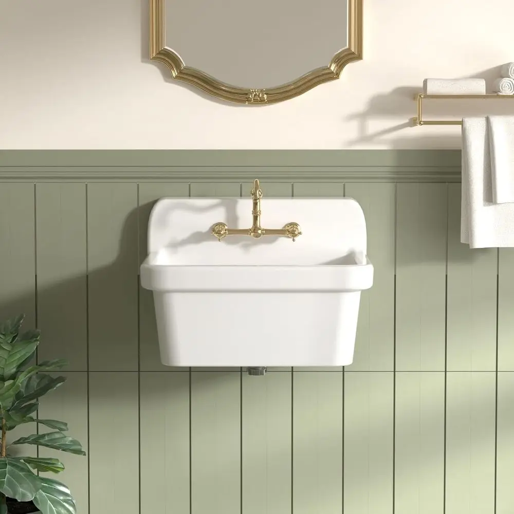 

24 Inch Wall-Mounted Utility Sink, White - High Back Design for Laundry, Bathroom, Kitchen, Garage