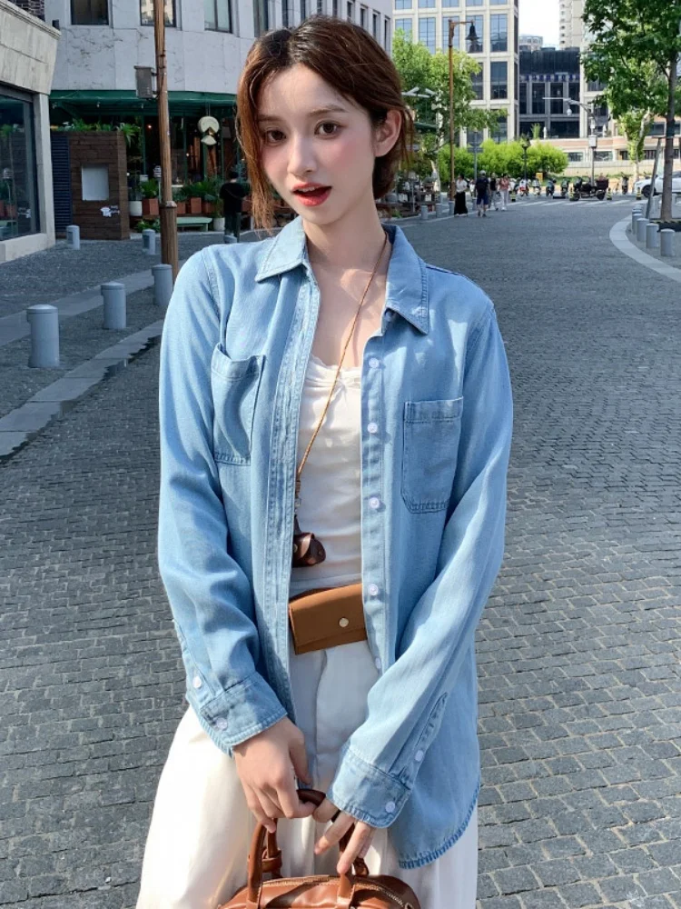 Haut Long en Denim bleu rétro pour femmes, vêtement d'extérieur superposé, coréen, coupe droite, détail de boutons, printemps automne hiver