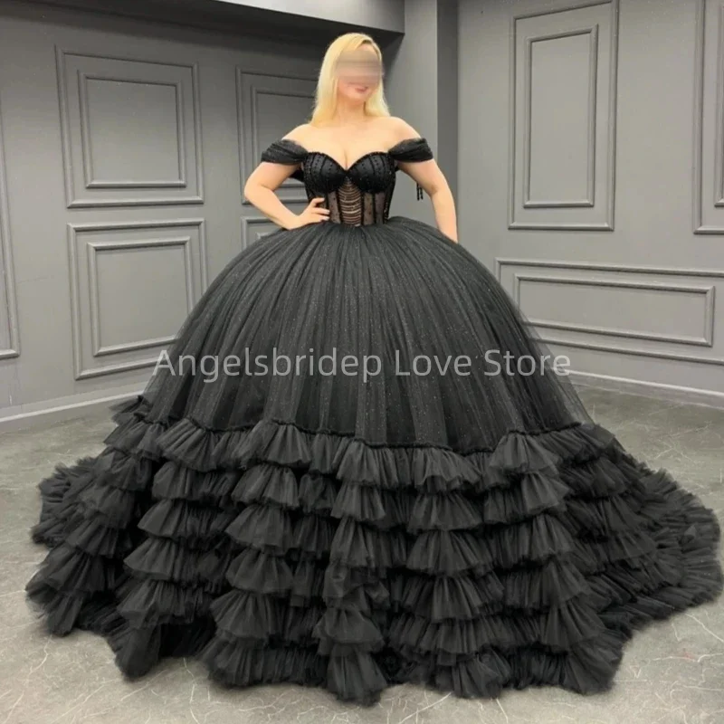 

Angelsbride Black Off Shoulder Ball Gown Quinceanera Dresses Shiny Tulle Beading Formal Cinderella Birthday Sweet 15 Dress