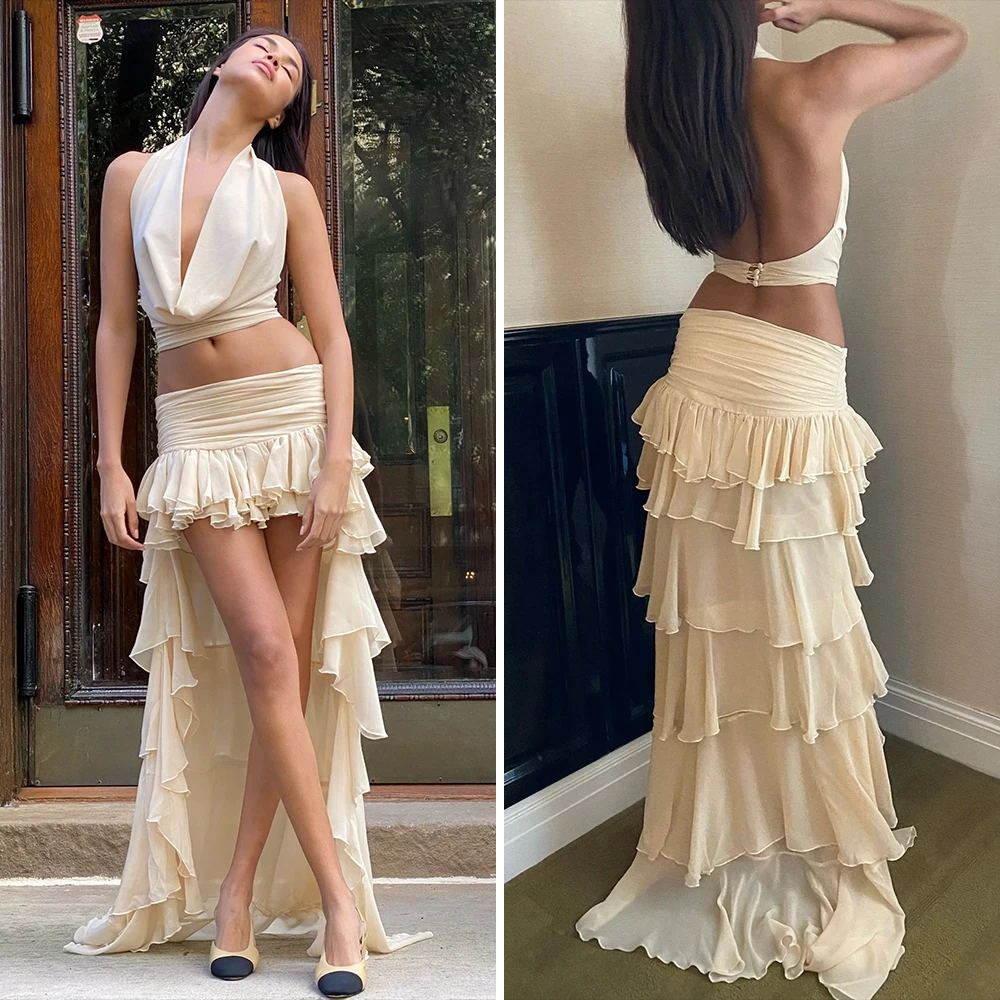 Womens 2 Piece Skirt Sets Drape Neck Halter Backless Crop Tank Top Flowy Ruffle Layer Maxi Skirts Vacation Going Out Outfits