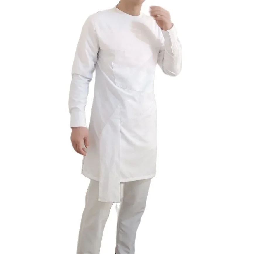 

Solid White Nigeria Style Men Shirt Pant Male Set Modern Design African Garments Long Sleeve Tops+Trousers Party Wear