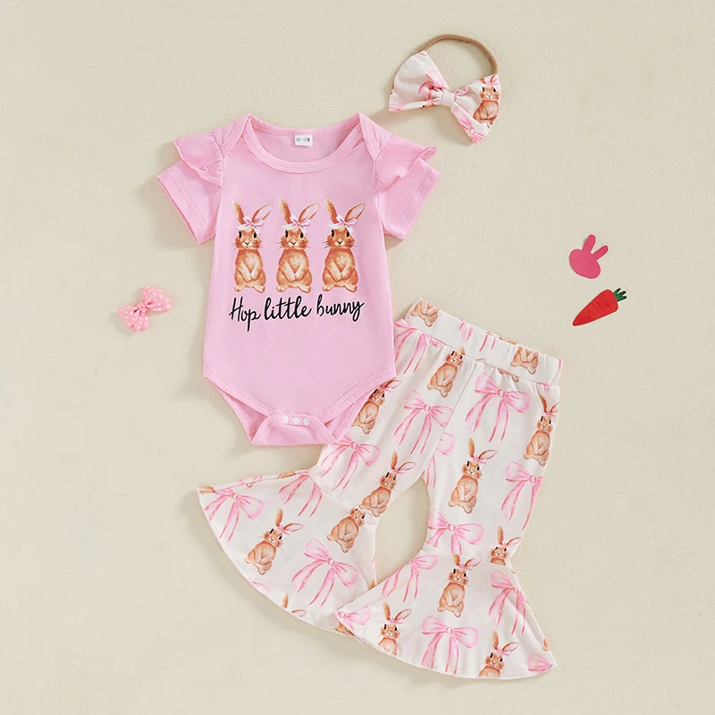 Summer Newborn Baby Girl Easter Clothes Outfits Letter Carrot/Rabbit Print Short Sleeve Romper Flare Pants Headband 3pcs Clothes