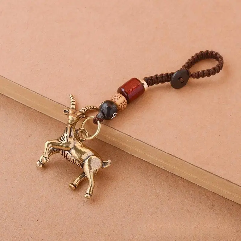 Brass Zodiac Goat Keychain Antique Copper Sheep Pendant Heavy Duty Metal Key Ring for Car Keys Gift