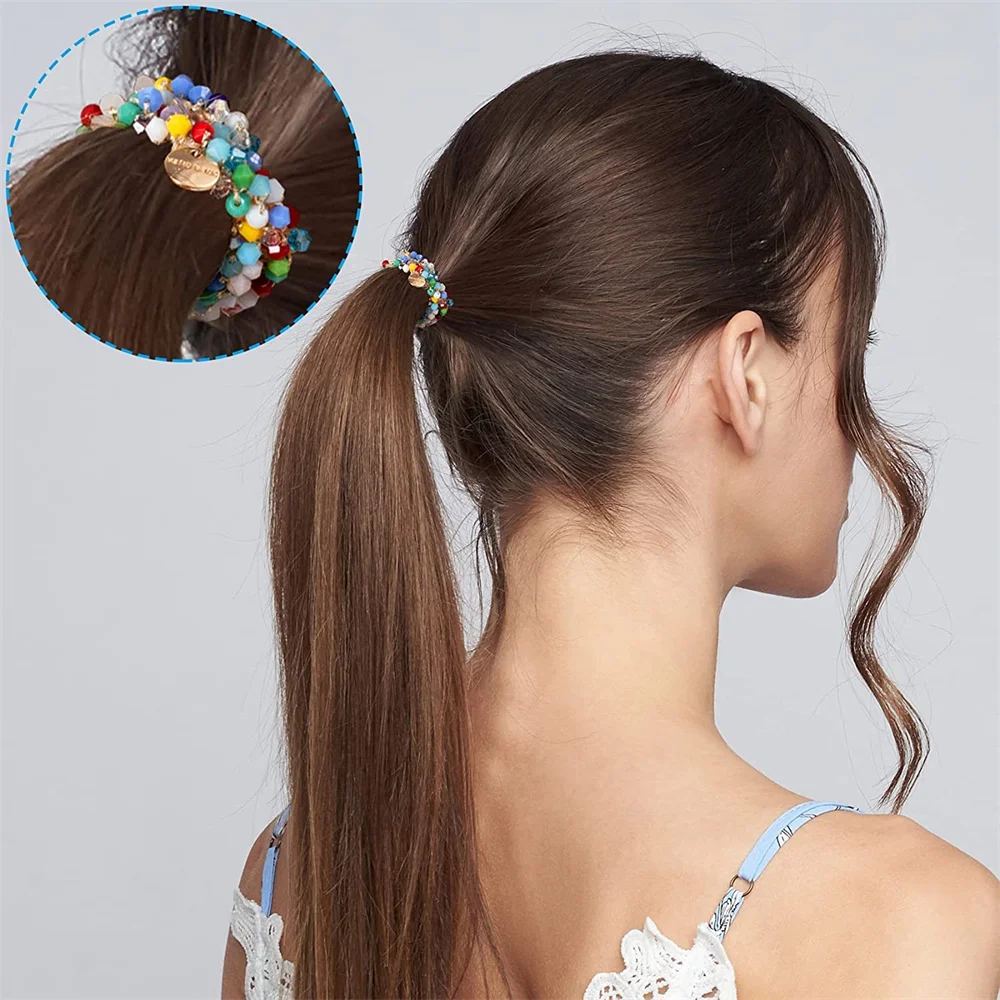 Pince à cheveux en cristal brillant pour femmes, porte-queue de cheval en perles élastiques faites à la main, cravates en perles Eneglant pour