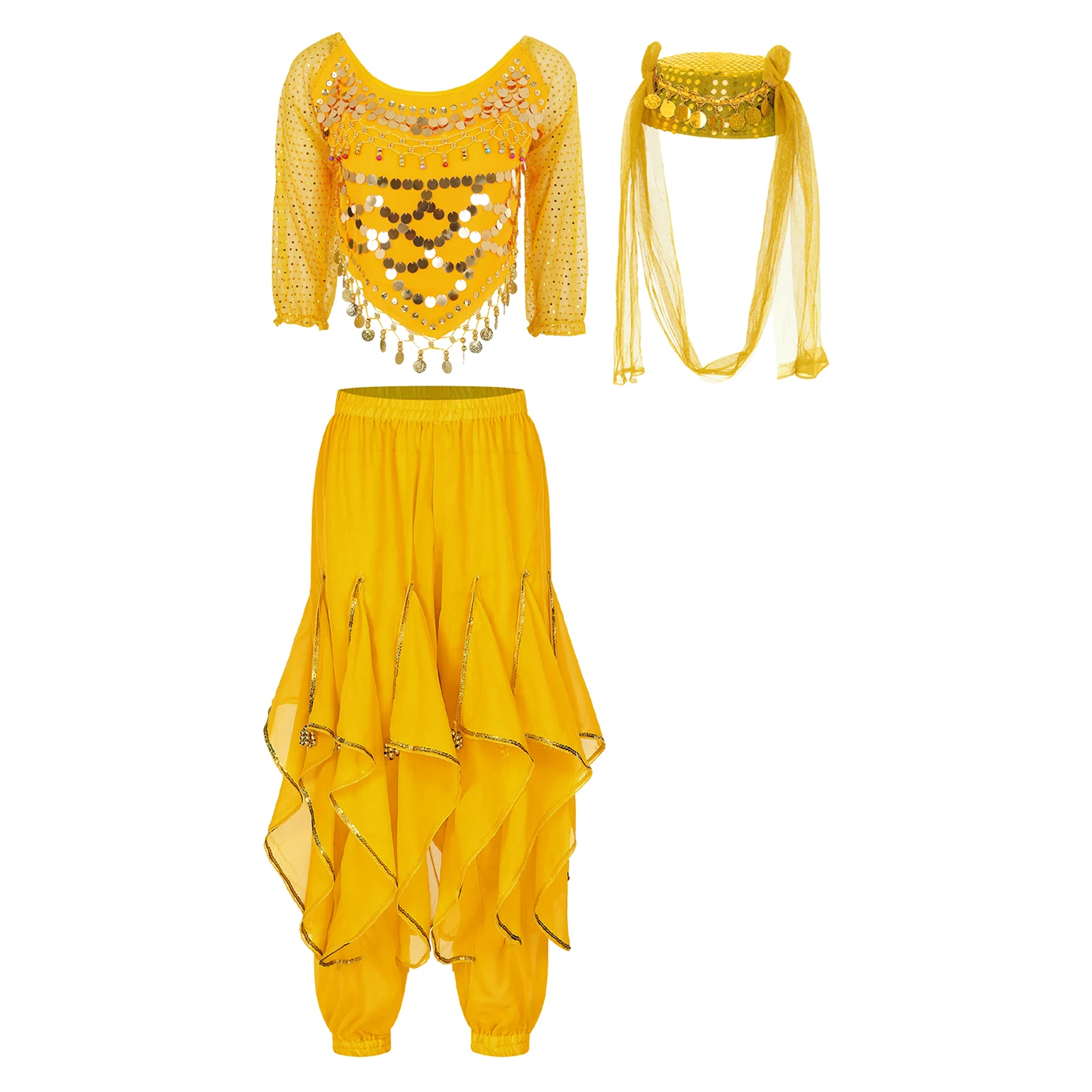 

Womens Belly Dance Costume Sequin Tassel Long Sleeve Back Lace-up Crop Top Ruffled Bloomers Pants And Hat for Folk India Dance