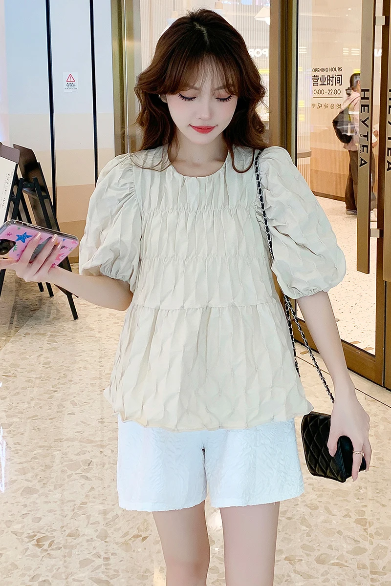 2024 Summer Maternity Tops Short Sleeve O-neck Pregnant Woman Pleated Shirts Fashion Pregnancy Sweet Blouses Blouses Black Beige