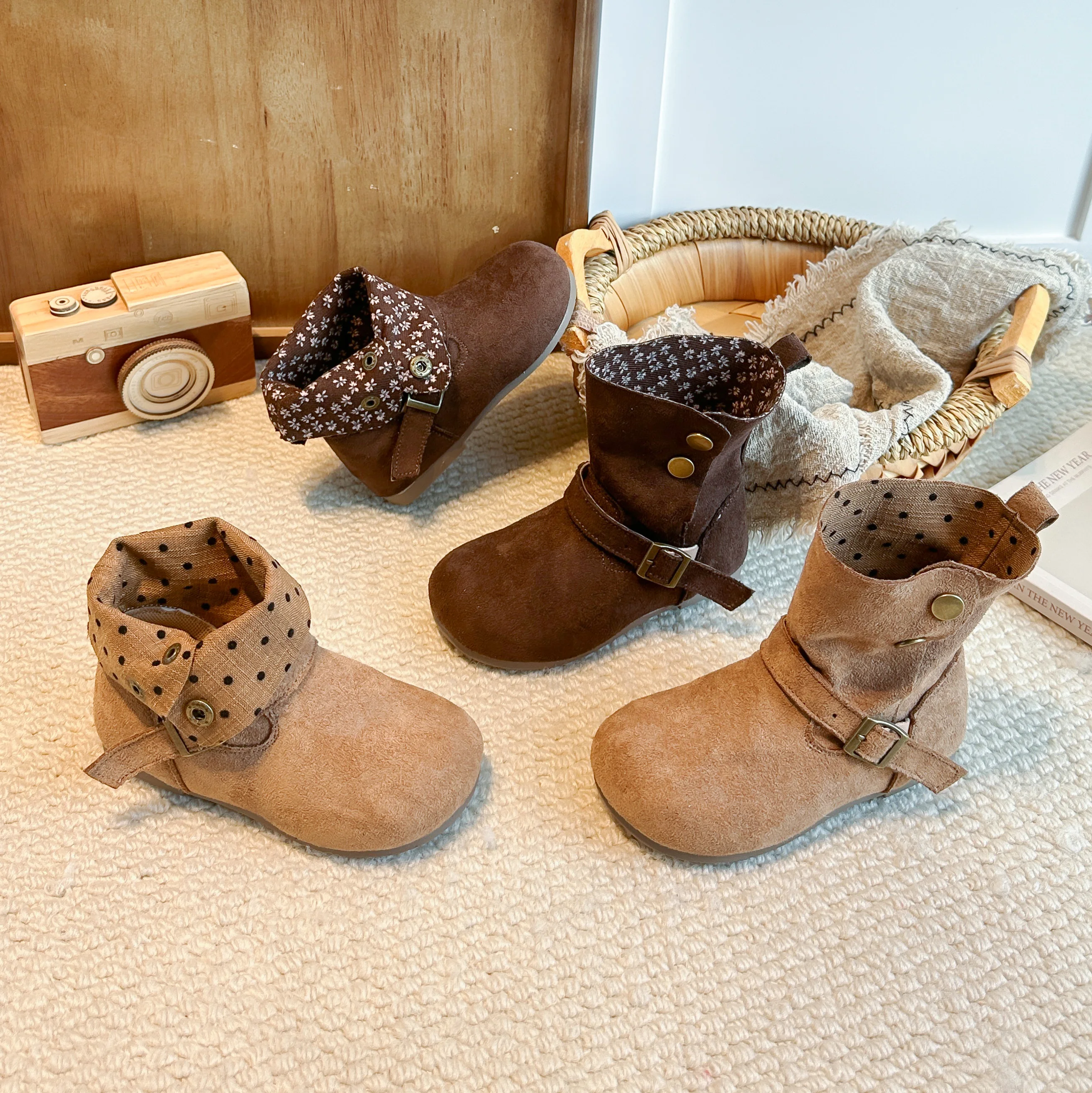 2026 Autumn Winter Baby Girls Boots Oxford Suede Children Casual Shoes Outdoor Anti-slip Kids Ankle Boots with Turned over Edge