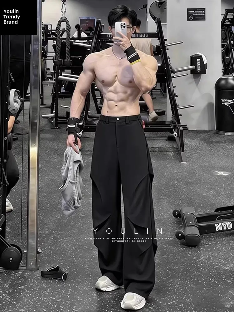 

Cleanfit Men's Black Pleated Fleece Lined Straight Leg Casual Pants Winter Drapey Wide Leg Jeans American Style Casual Trousers