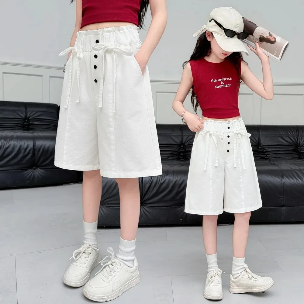 Girls Fashion White Cotton Knee-Length Shorts With Button Bow Summer Teenager Children Five-point Pants Street Style Kids Capri