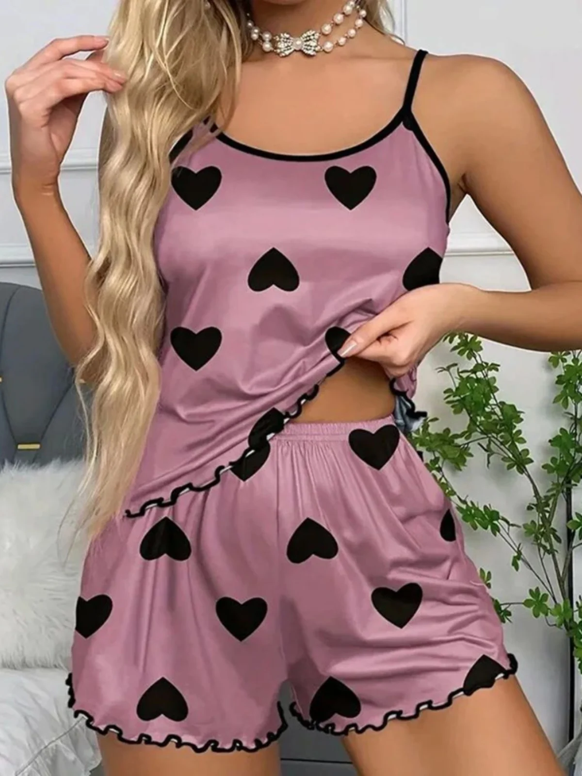 2 Pieces Women's Pajama Set Seamless Ice Silk T-Shirts Shorts Sleepwear Sexy Lingerie Casual Sleeveless Camisole Homewear Summer image 2