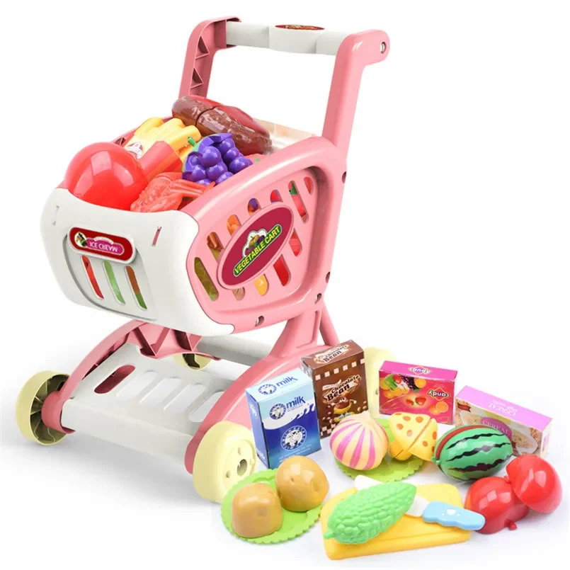 15個入り子供用教育玩具セット、スーパーマーケットショッピングカート、トロリー付き、食べ物を切る遊び、フルーツごっこ遊び、女の子向け