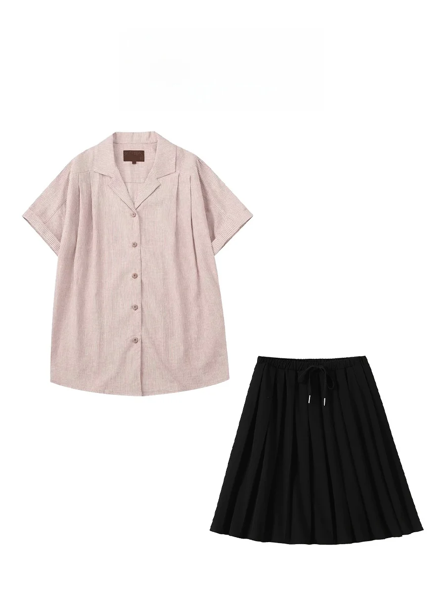 Conjunto de Dos Piezas de Verano para Mujer Joven, Camisa de Manga Corta con Cuello Cubano a Rayas Rosa y Negro de Parkyeon con Falda Plisada