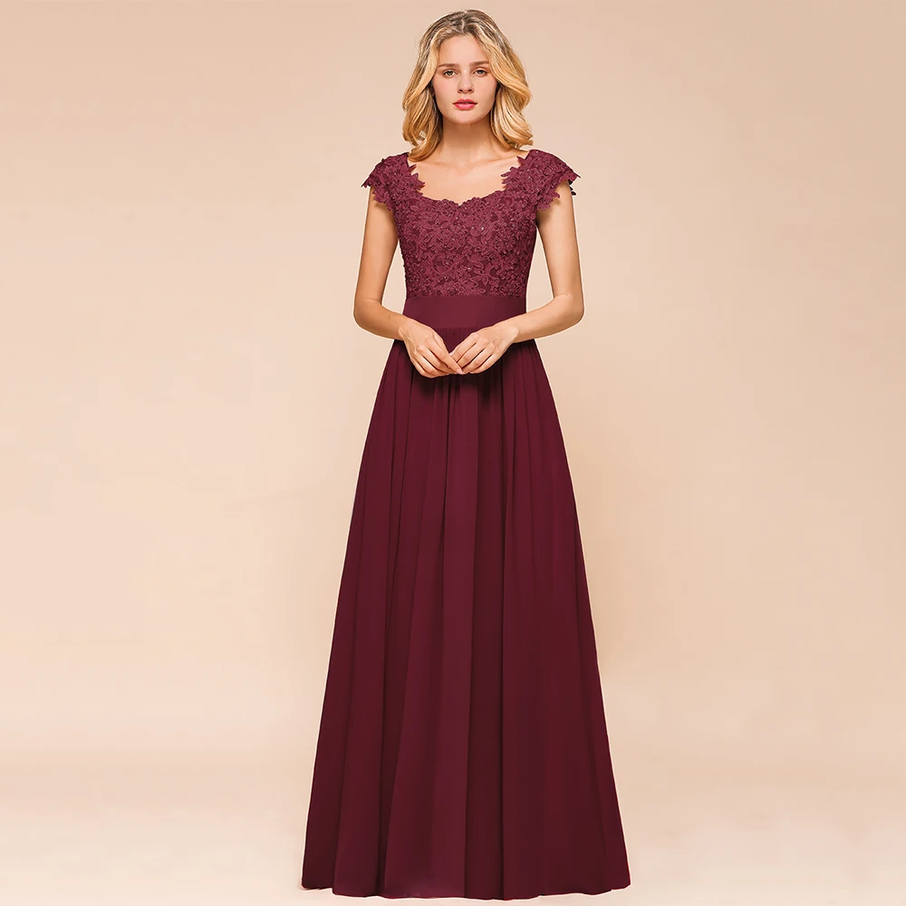Burgundy Lace Chiffon Long Evening Dresses For Women Sexy Illusion Back A Line Appliques Formal Prom Party Gowns