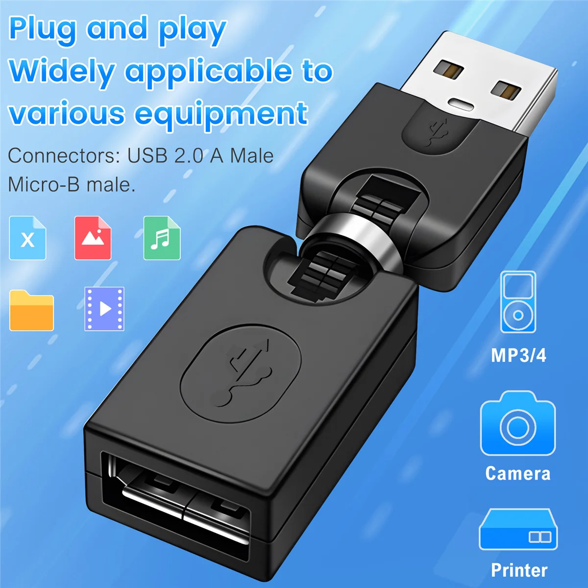 A25UBlack USB 2.0 Male To USB Female 360 Degree Rotation Angle Extension Adapter