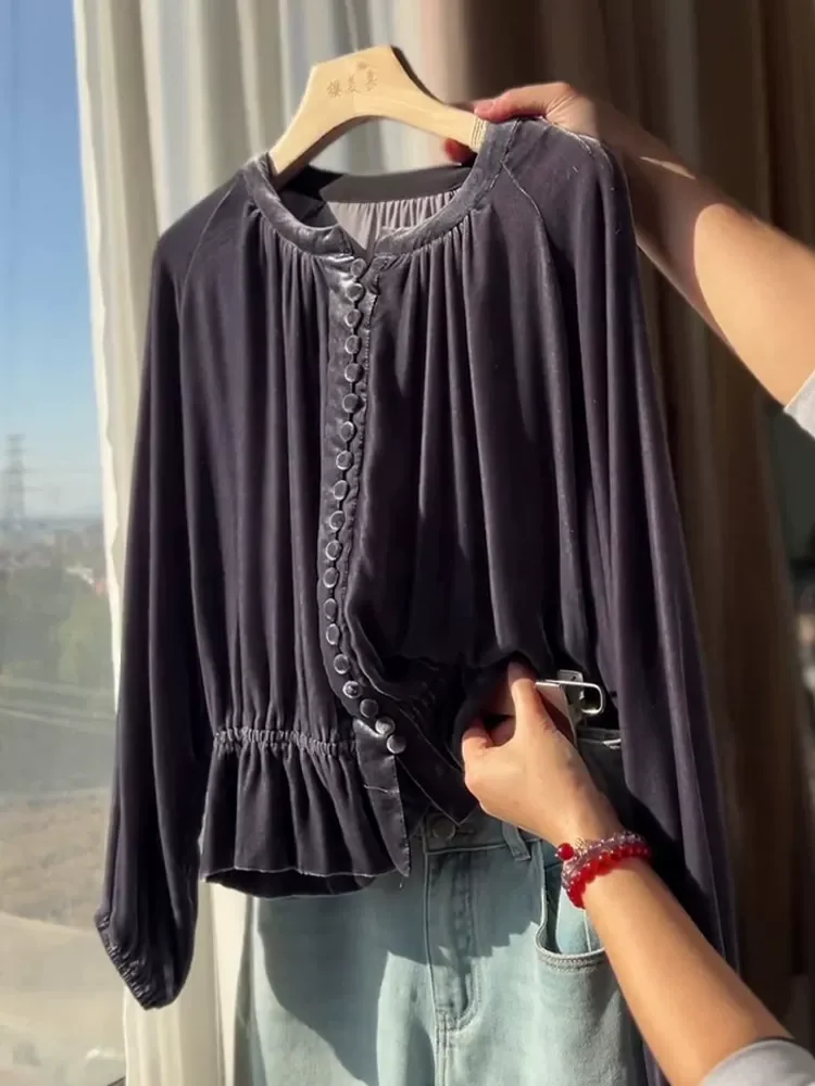 

Осень-зима, винтажная бархатная блузка 2025 года, рубашка с длинным рукавом, модные повседневные женские топы с оборками