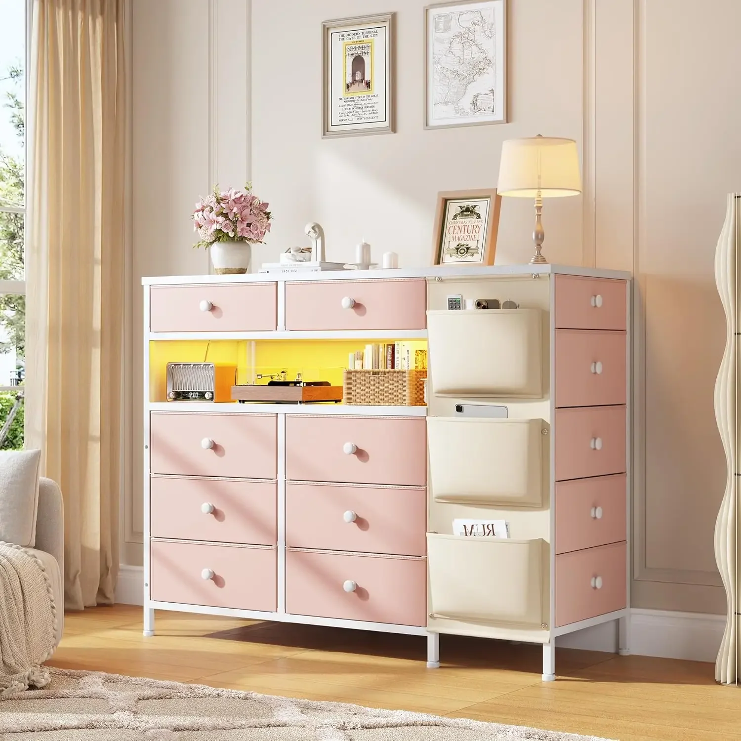 EnHomee13 Drawers Dresser for Bedroom with and Charging Station, Long Drawers Dresser, Pink Dressers & Chests of Drawers