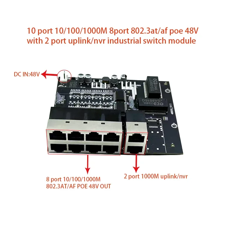 10 port 10/100/1000M 8port 802.3at/af poe in/out 48v with 2port uplink/nvr industrial switch module