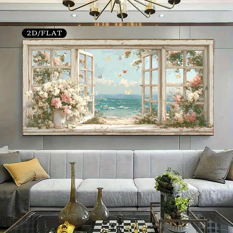 2D/Flat Frameless Canvas  Modern Canvas Wall Art - Tranquil Seascape with Blooming Floral Butterflies, 2D Flat Decorative Painti